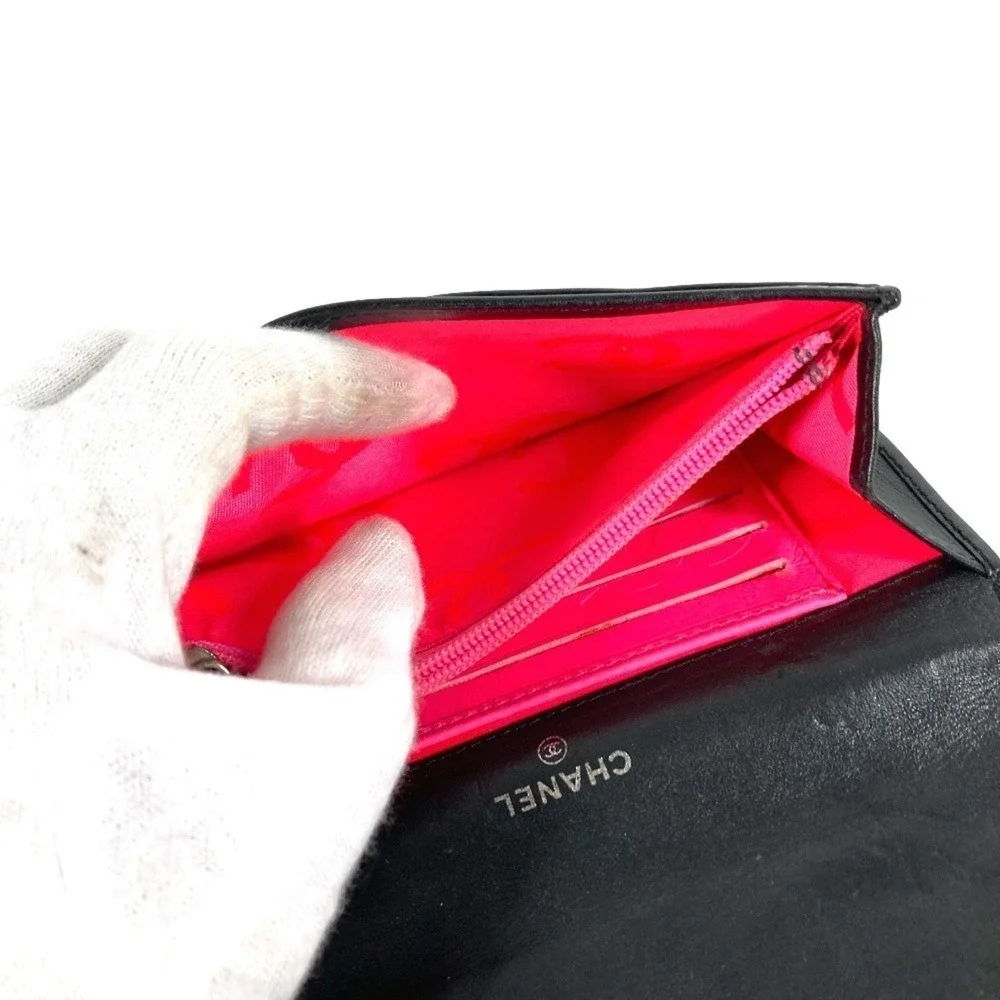 CHANEL Authentic Black Leather Logo Wallet